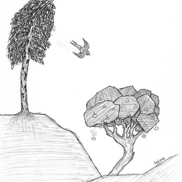 Illustration till Louise Glücks dikt "Avtagande vind".