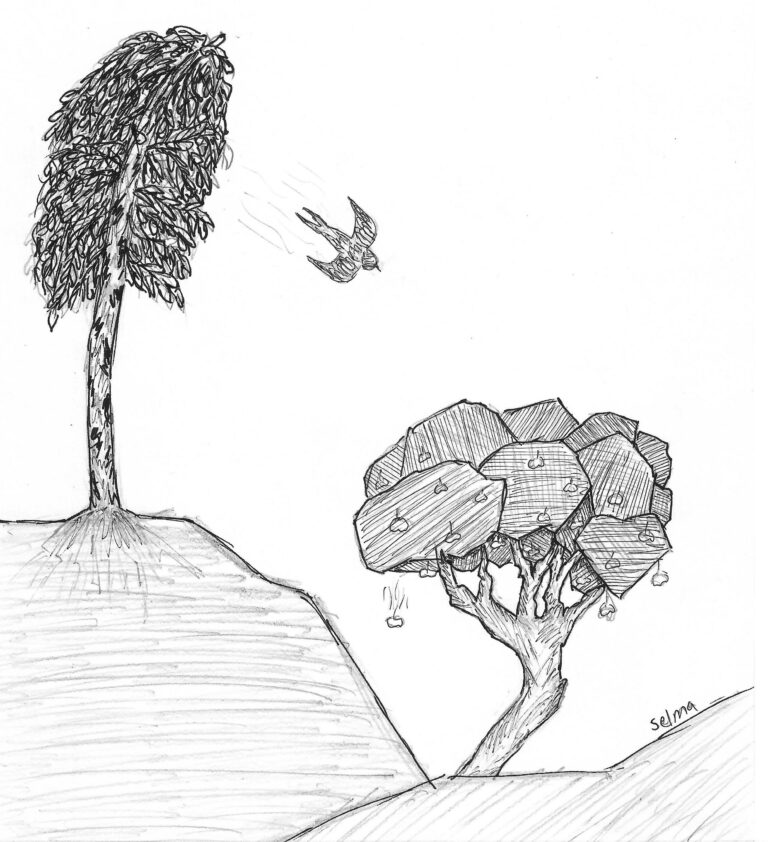 Illustration till Louise Glücks dikt "Avtagande vind".