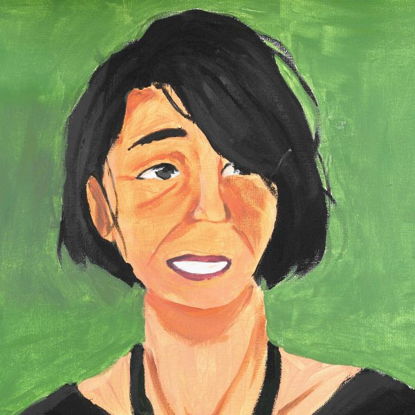 Ett målat porträtt av Lousie Glück med grön bakgrund.