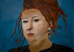 Porträttet av Olga Tokarczuk är målat av Anita Ali Asgar och Amran Adan Hersi 2019. Foto: Alexander Mahmoud. Originalet överlämnades till Olga Tokarczuk på Rinkeby bibliotek.